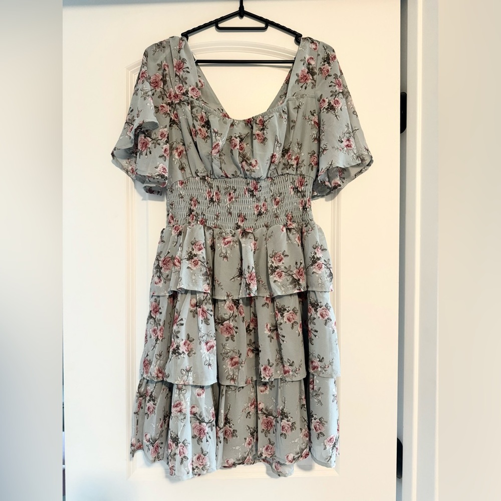 She + Sky Blue Floral Smocked Dress with Tie Back